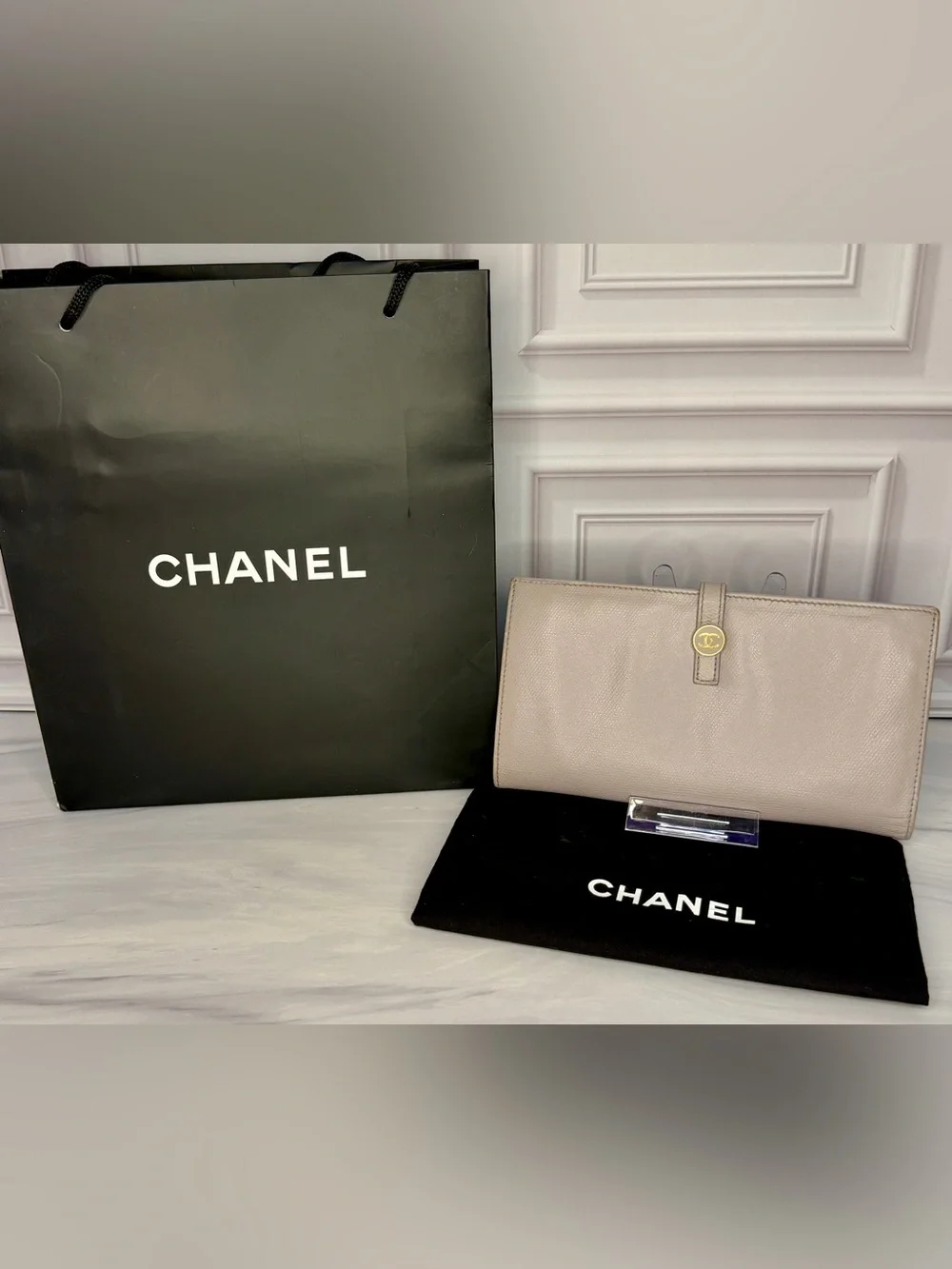 CHANEL Gray Caviar Leather Long Snap Bifold Wallet | Full Inclusion